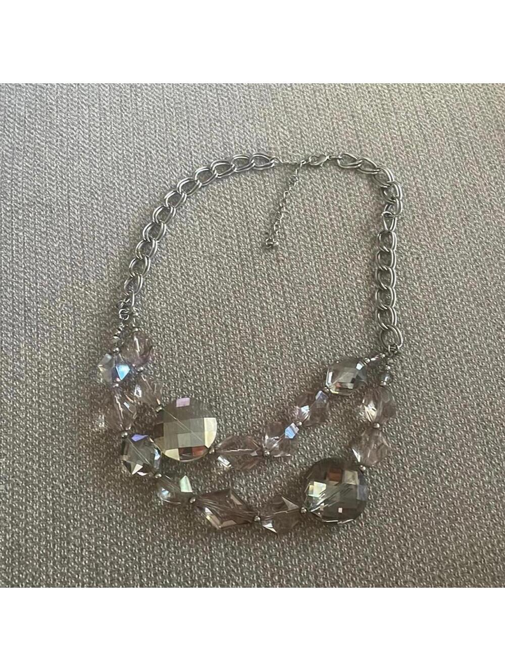Silver Chain Link And Grey Translucent Chunky Beaded Statement Necklace
